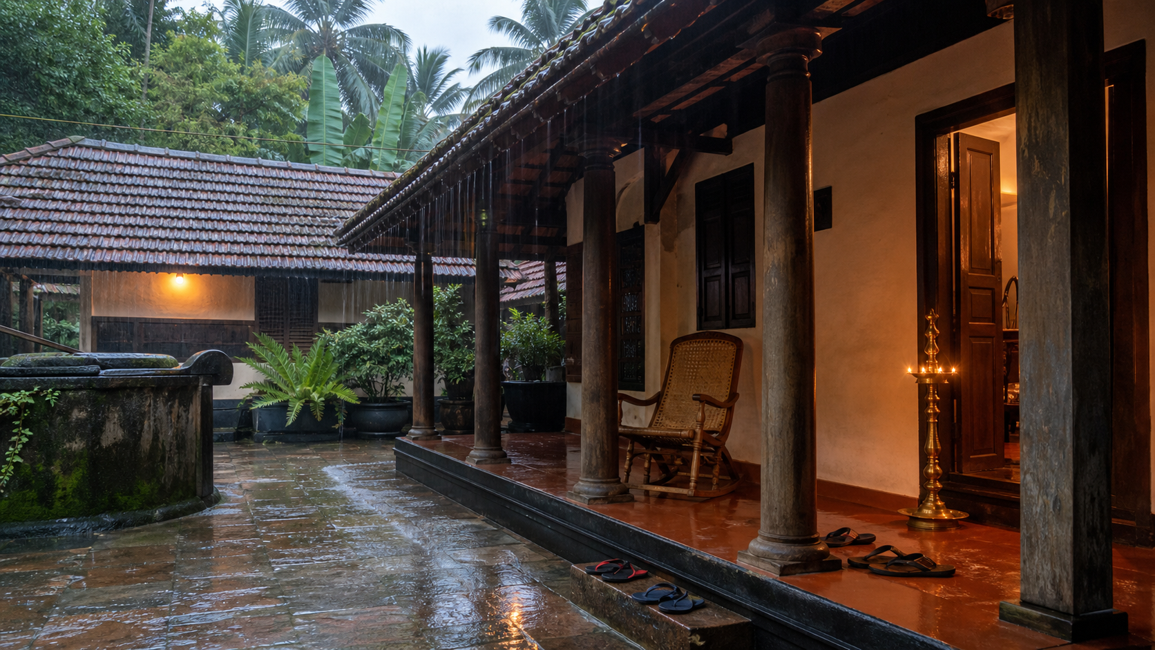 Traditional Kerala ancestral house courtyard during monsoon rain for the Muthassi review
