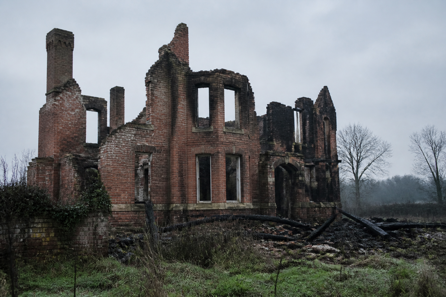Borley Rectory ruins after the 1939 fire editorial artwork