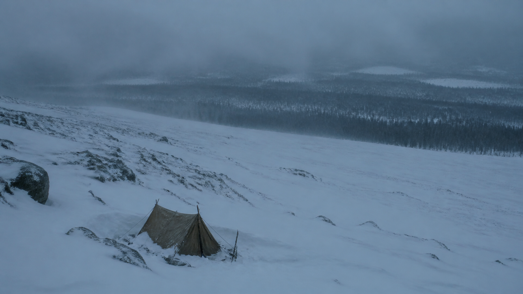 Dyatlov Pass incident tent on the wind-scoured Kholat Syakhl slope