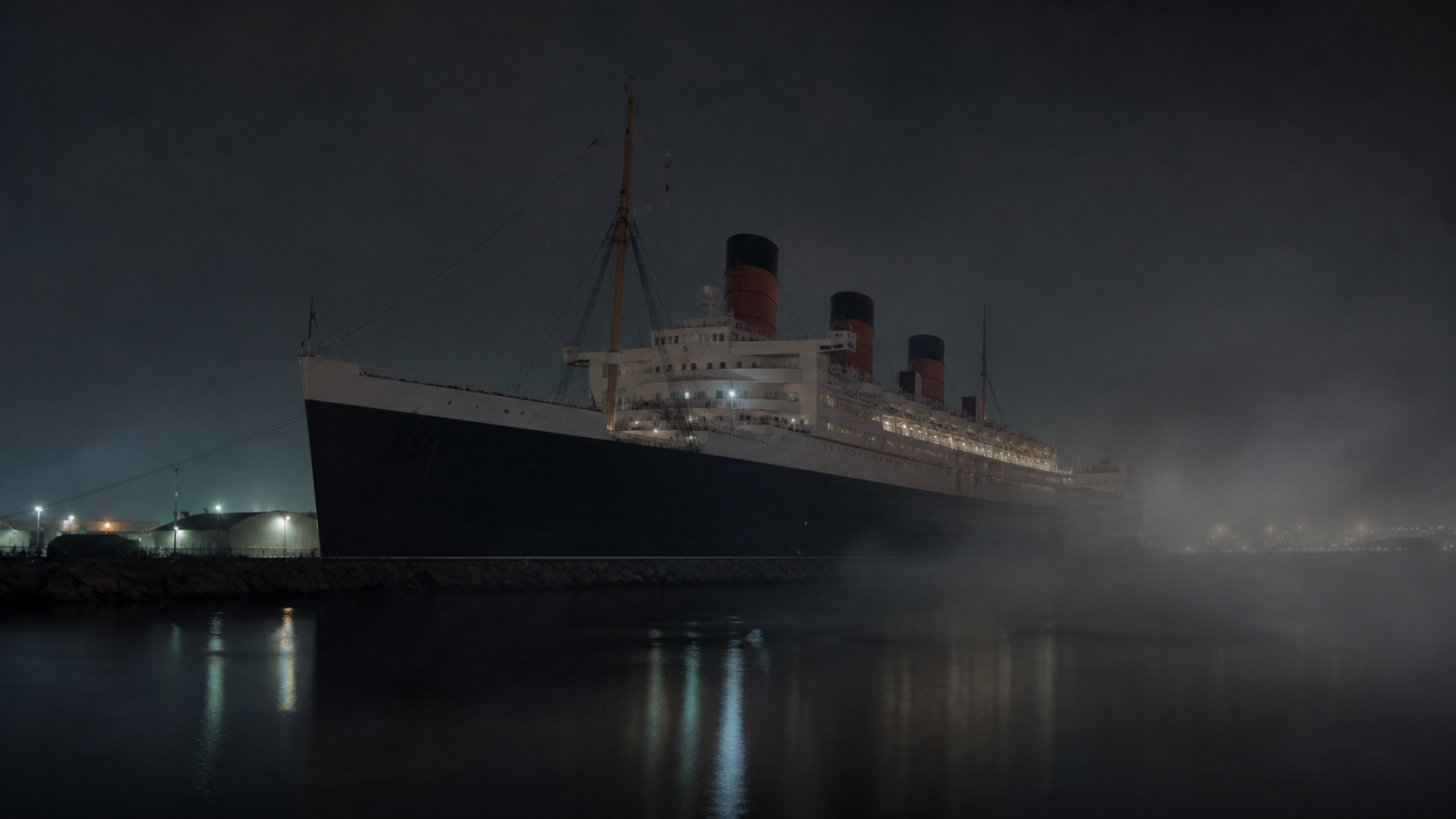 Haunted Queen Mary ocean liner moored in Long Beach harbor fog at night