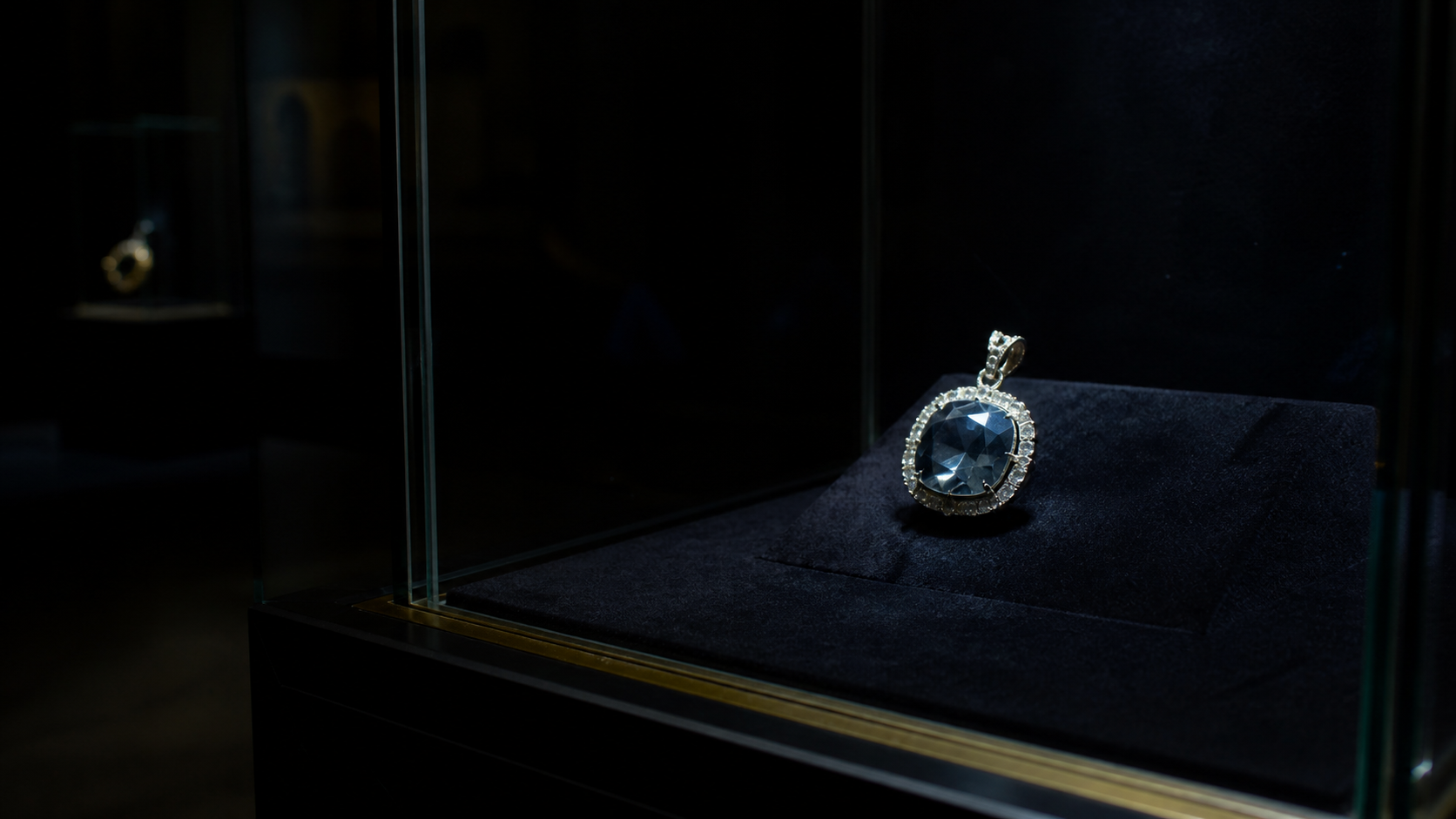 Hope Diamond curse displayed in a dark museum case