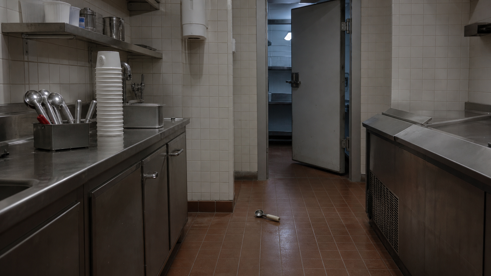 Ice Cream Man movie editorial artwork showing an empty ice cream preparation room and open freezer