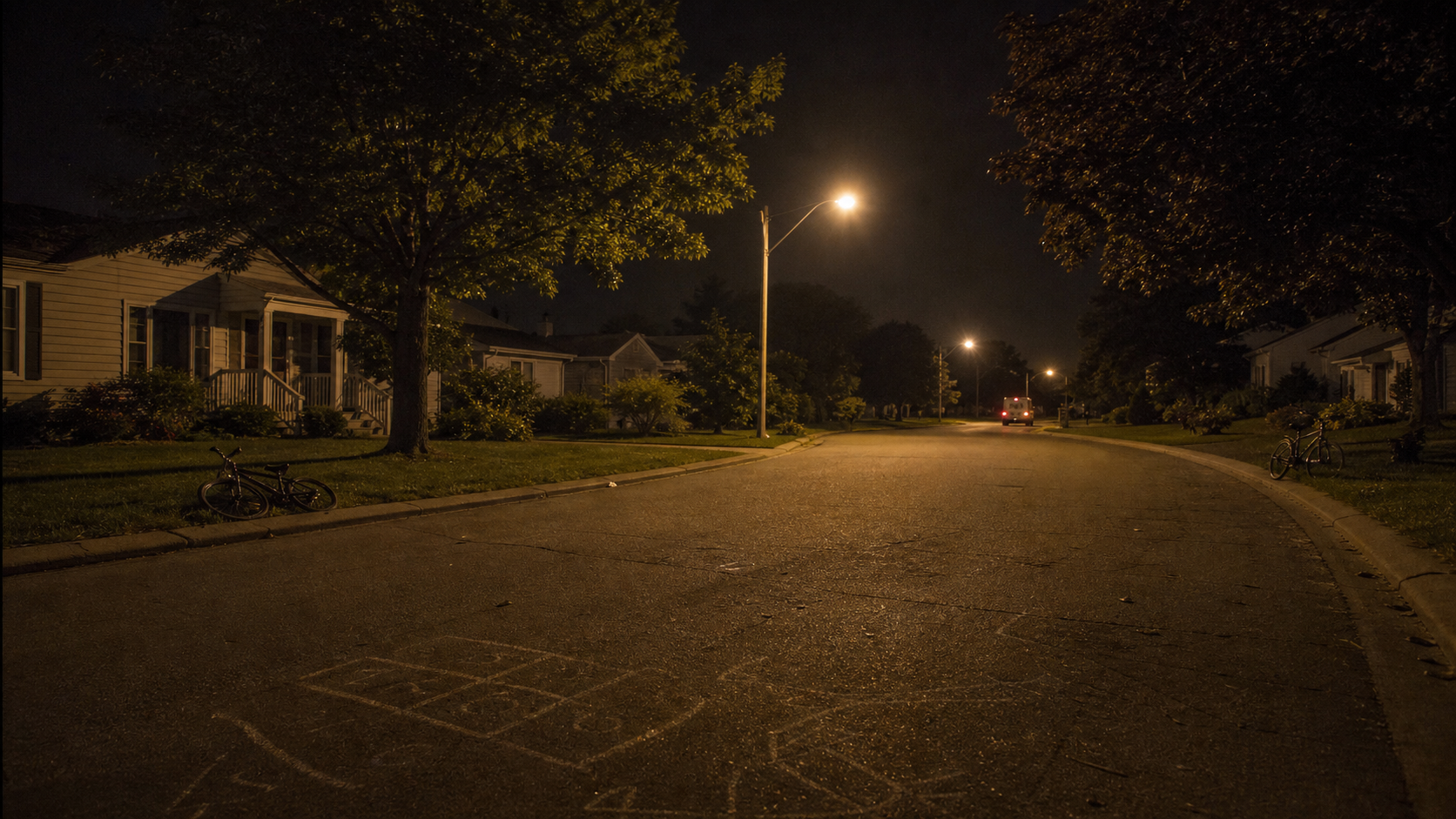 Ice Cream Man movie editorial artwork showing a deserted suburban street at night
