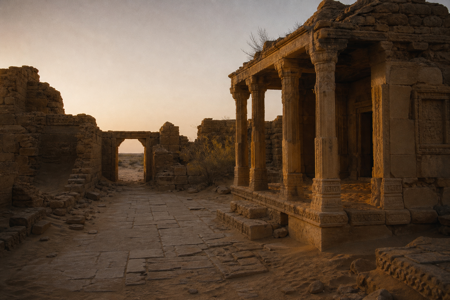 Kuldhara village temple ruins shown as an original editorial interpretation