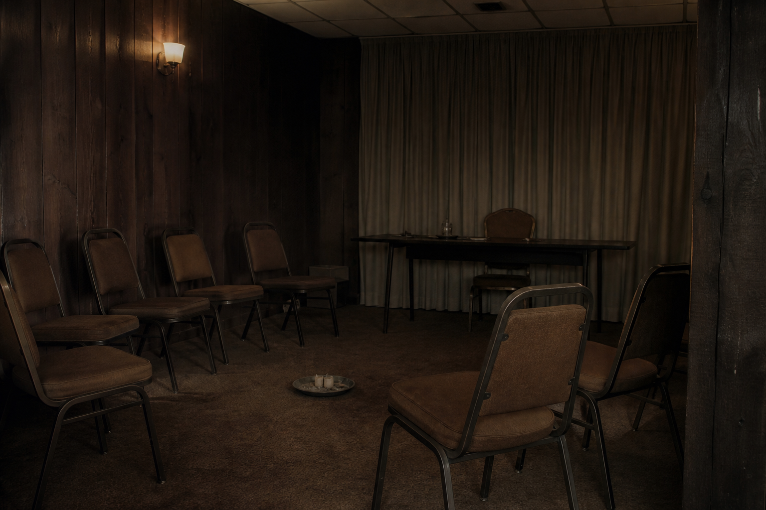 Order of the Solar Temple meeting room shown as an original editorial interpretation