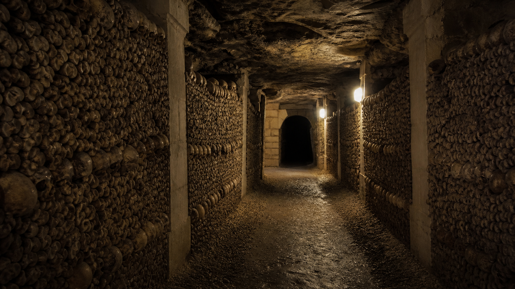 Paris Catacombs ossuary corridor lined with respectfully arranged human remains