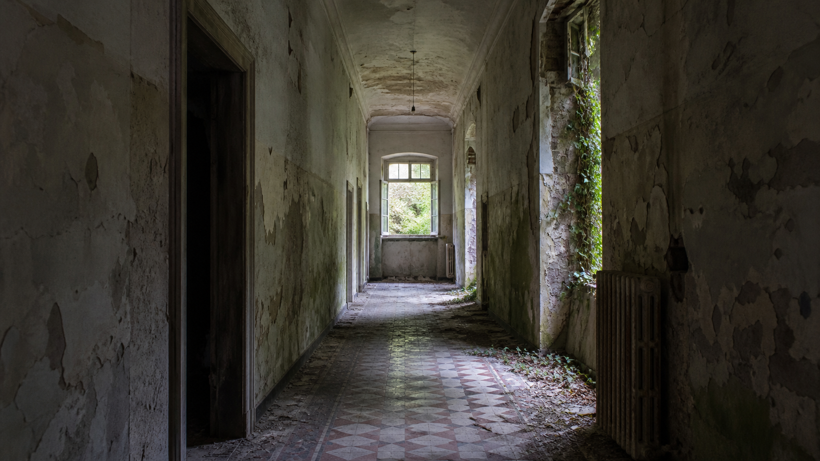 Poveglia Island abandoned healthcare corridor overtaken by damp and vegetation