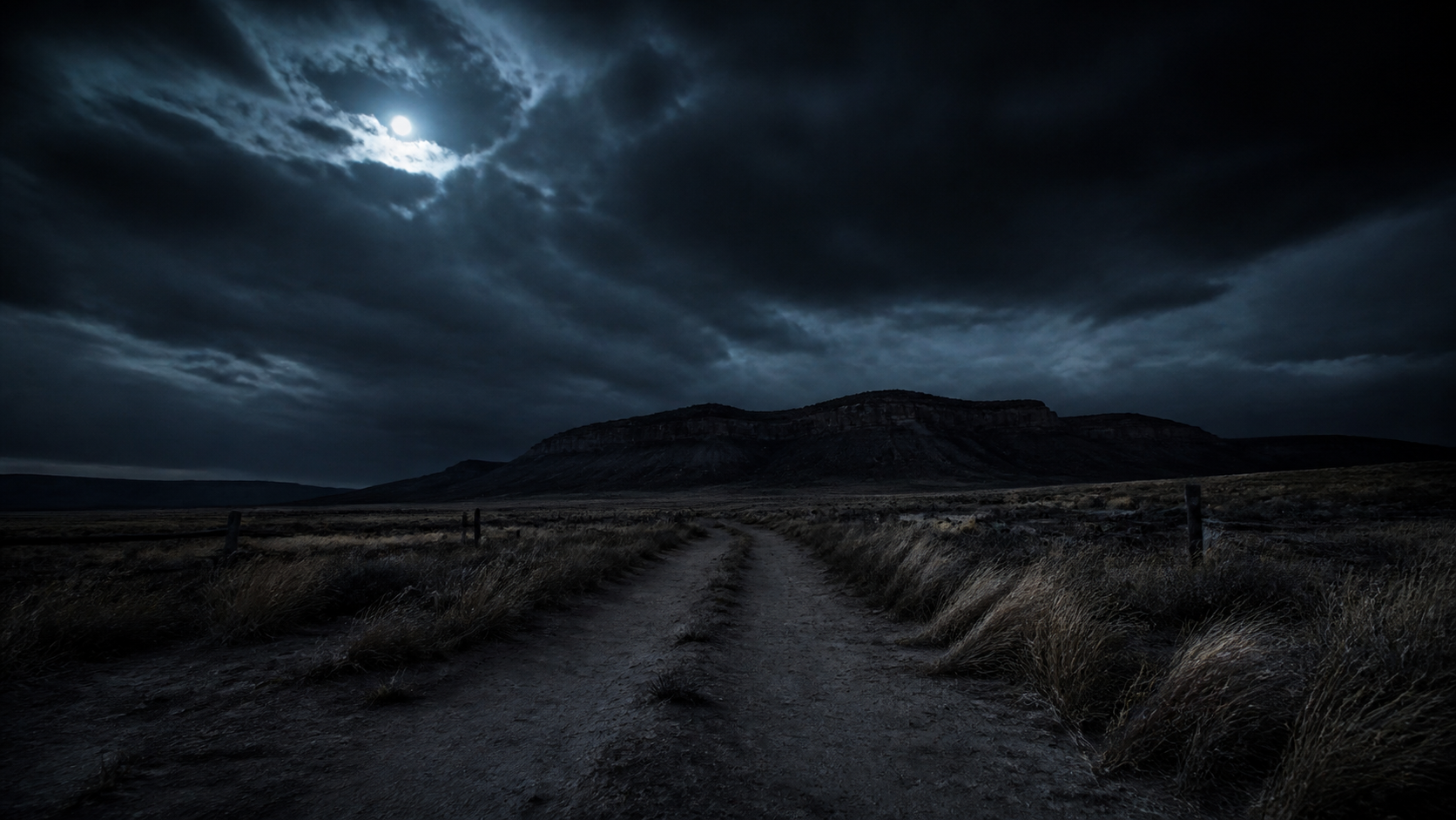 Skinwalker Ranch editorial artwork showing an ominous moonlit track beneath a Utah mesa