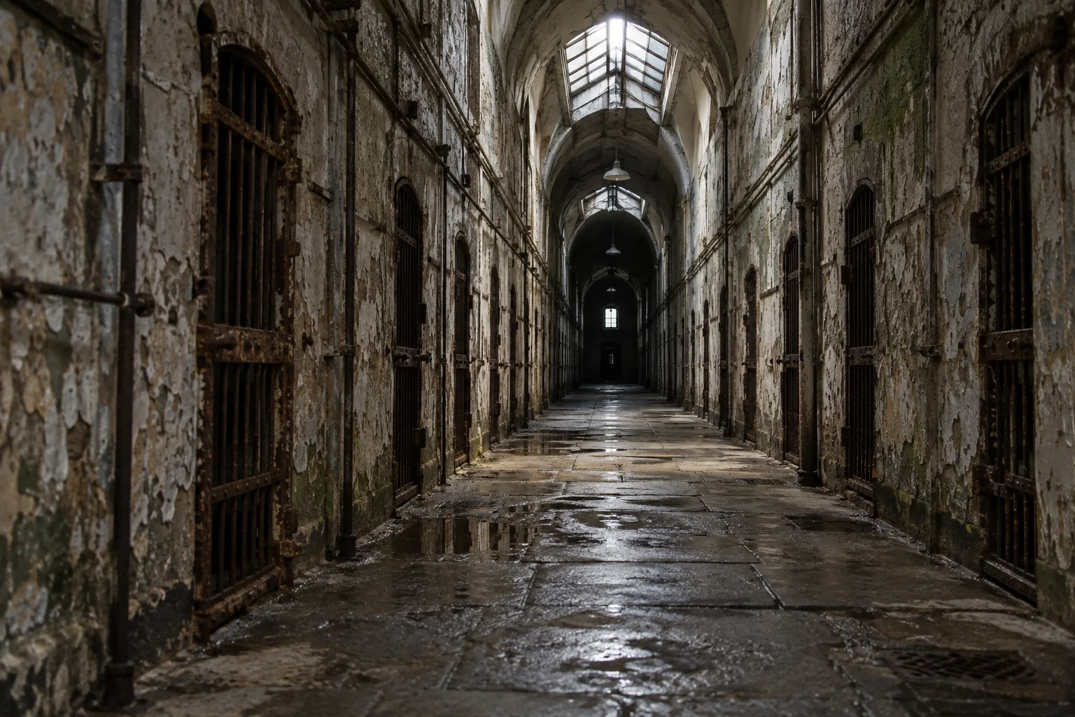 Eastern State Penitentiary cellblock corridor in original editorial artwork
