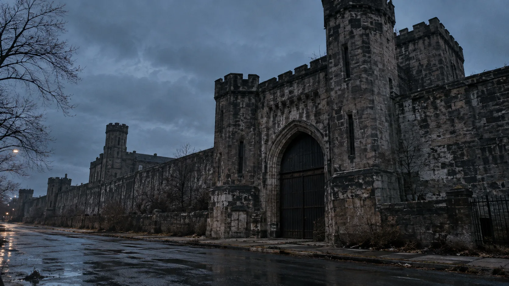 Eastern State Penitentiary Gothic prison exterior at dusk