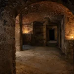 Edinburgh Vaults inspired candlelit stone passage beneath a brick ceiling