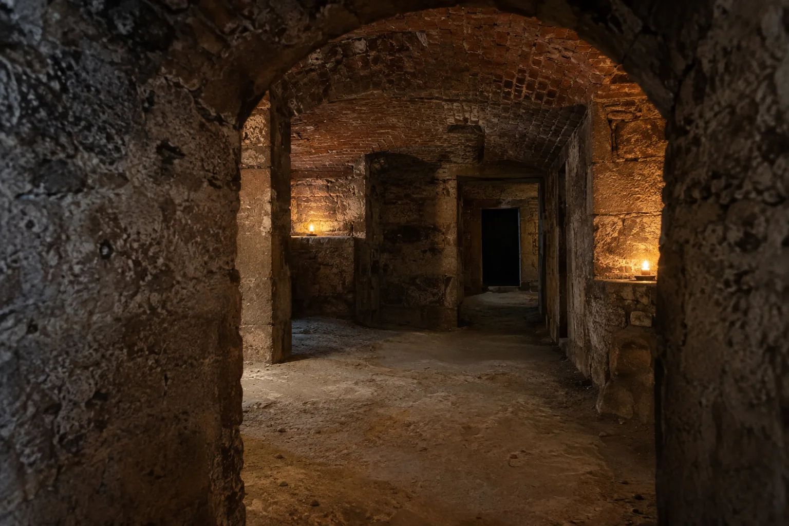 Edinburgh Vaults inspired candlelit stone passage beneath a brick ceiling