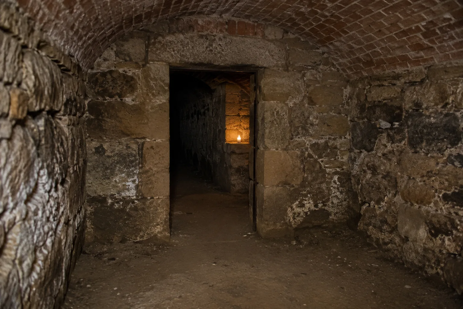 Edinburgh Vaults inspired stone doorway opening into a dark corridor