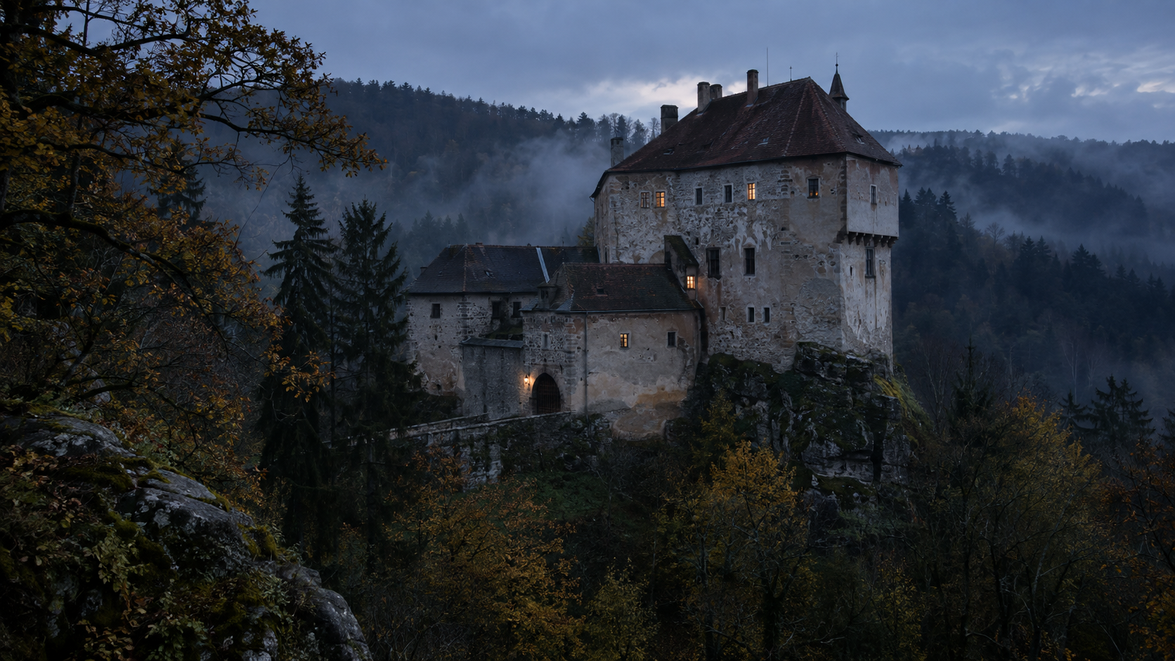 Houska Castle in the dark forests of Central Bohemia