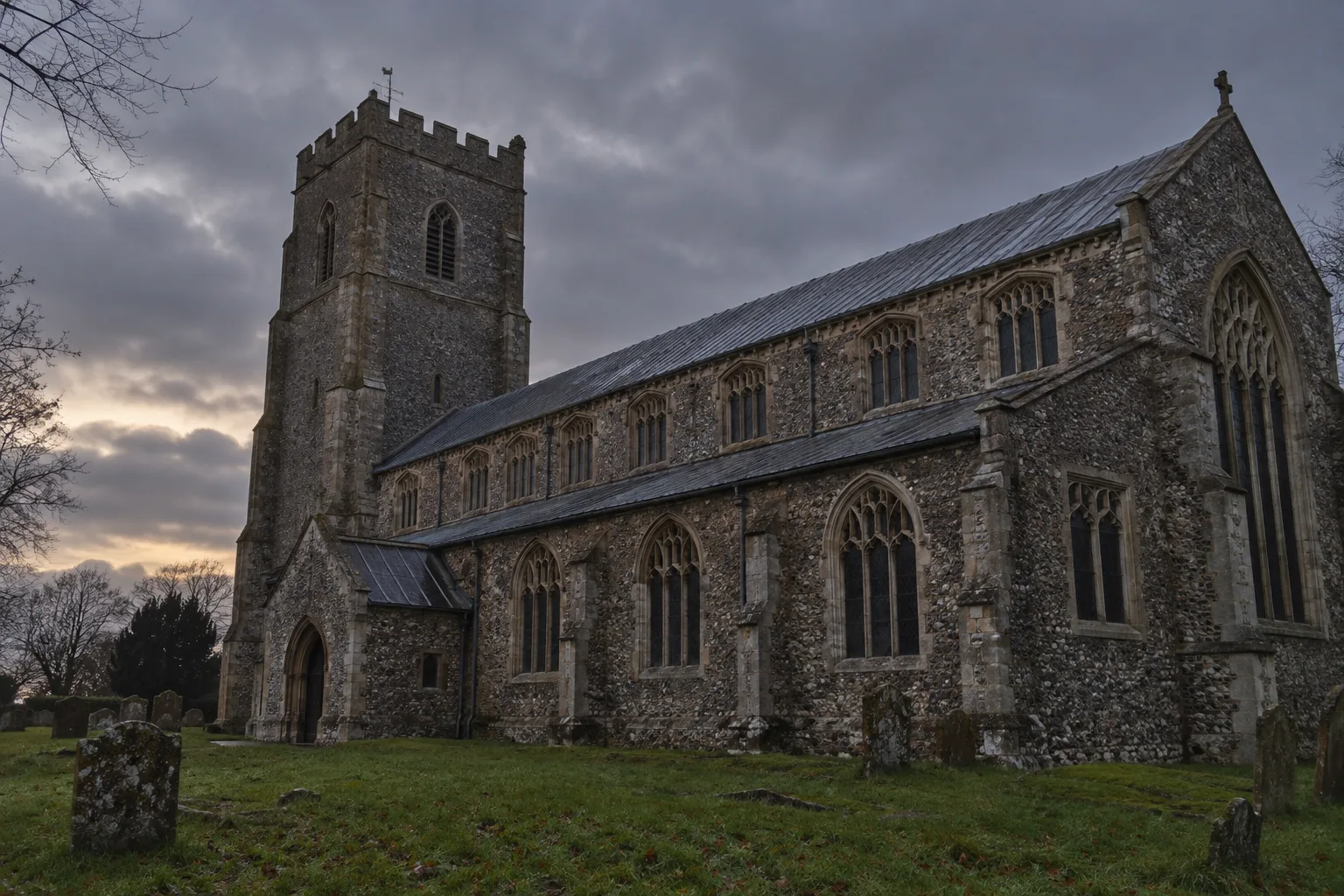 Black Shuck story inspired Suffolk flint church under a dark autumn sky
