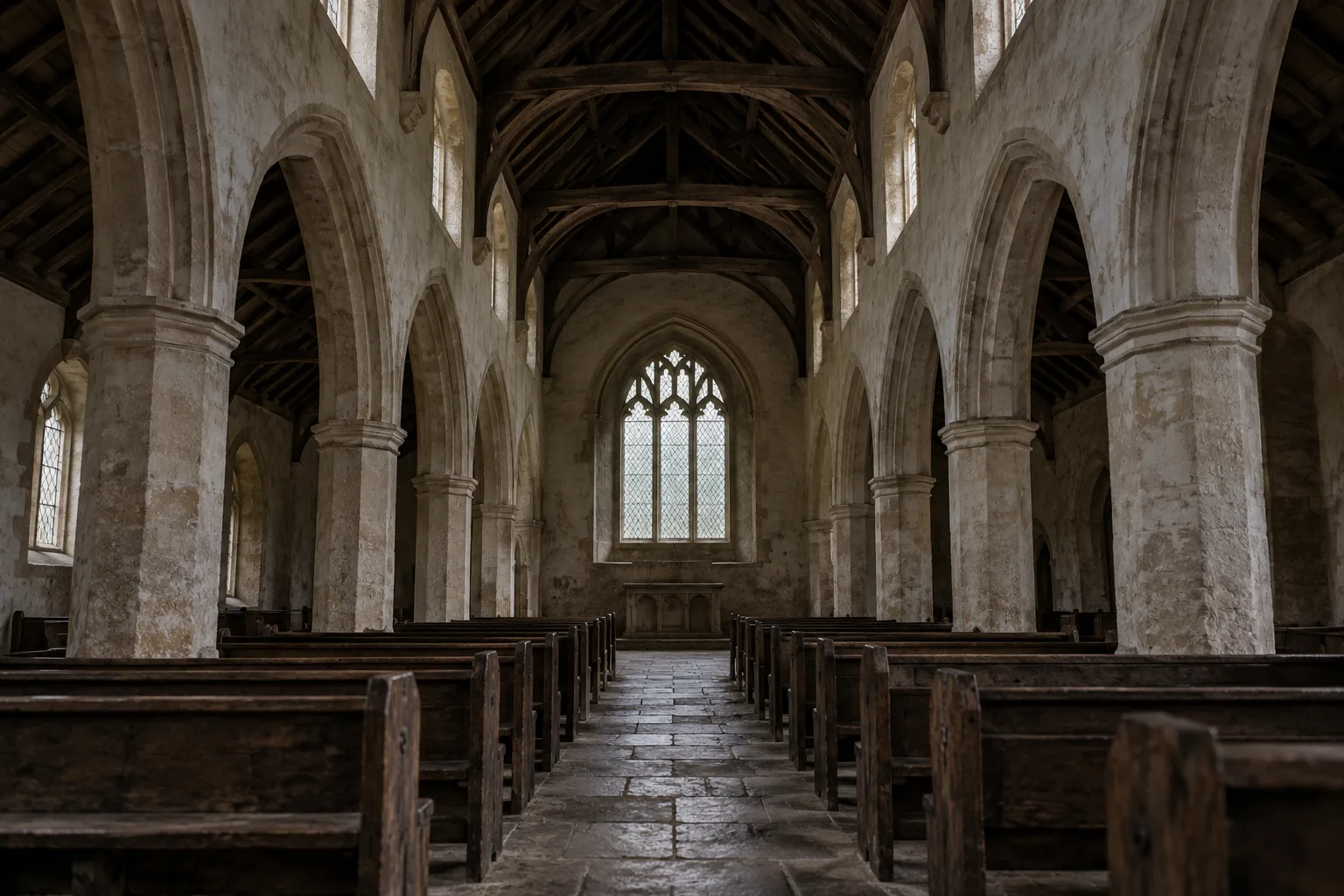 Black Shuck story inspired empty Suffolk church interior with dark timber roof