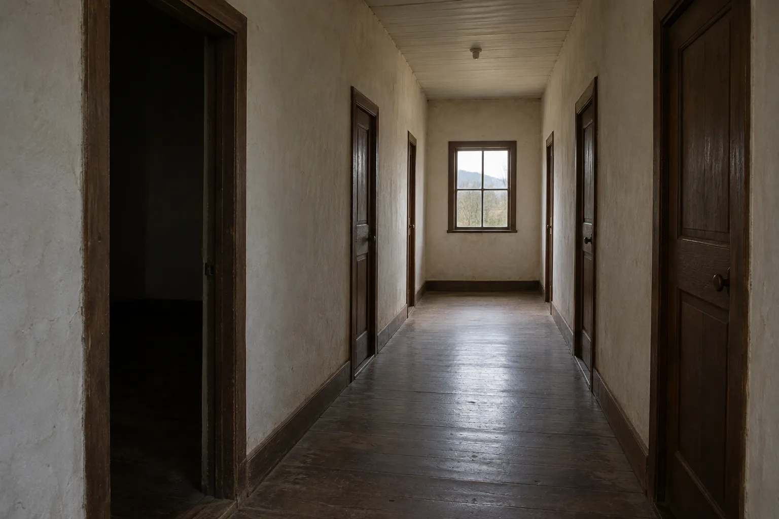 Colonia Dignidad inspired empty rural corridor with closed wooden doors