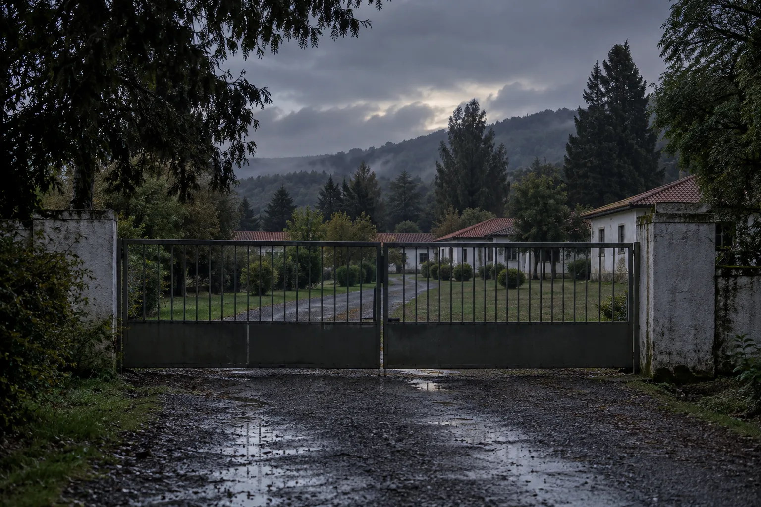 Colonia Dignidad inspired rural entrance with closed gate and distant buildings