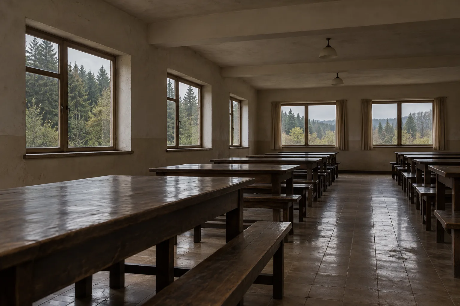 Colonia Dignidad inspired communal dining room with empty benches