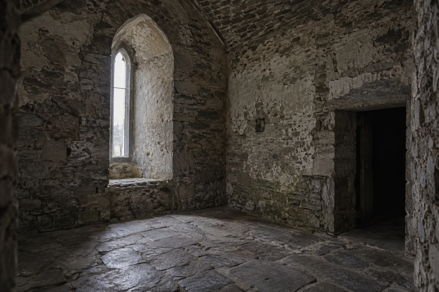 Bare stone upper chamber inspired by Leap Castle and its Bloody Chapel legend