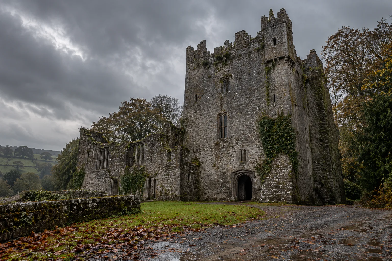 Leap Castle inspired Irish stone tower and ruined wing beneath an overcast sky
