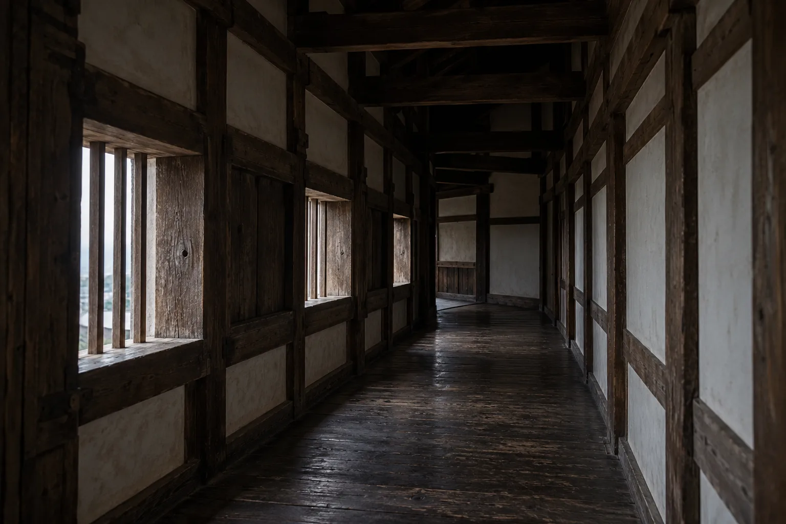 Shadowed Japanese castle corridor inspired by the setting of Okiku's Well