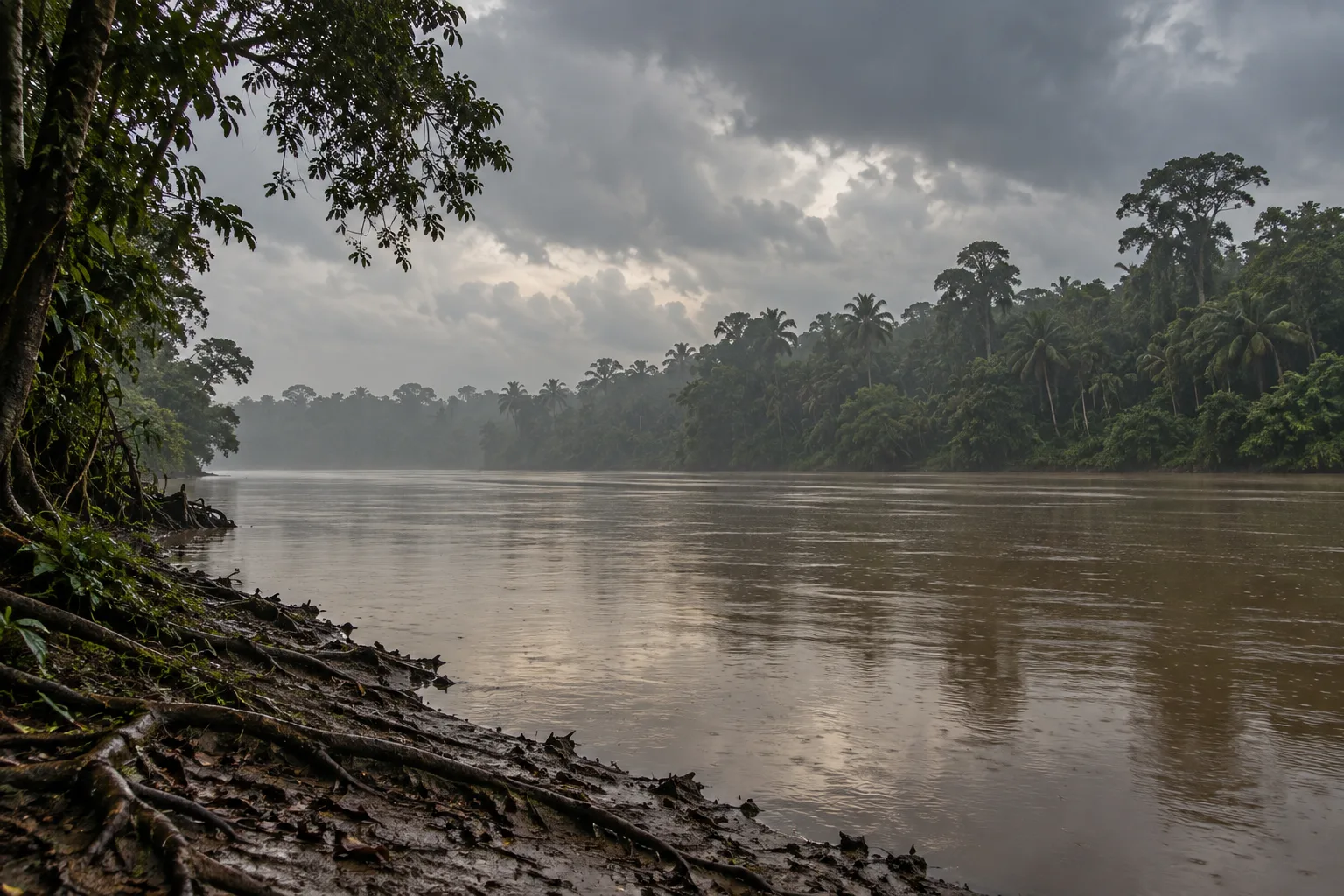 Pontianak folklore inspired quiet tropical riverbank under storm clouds