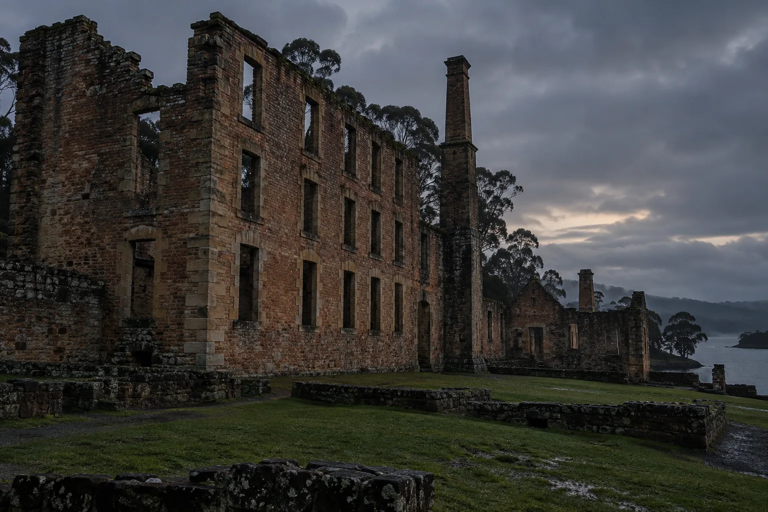 Port Arthur inspired convict-site ruins and dark empty windows