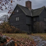 Salem witch trials inspired dark colonial house beneath an overcast autumn sky