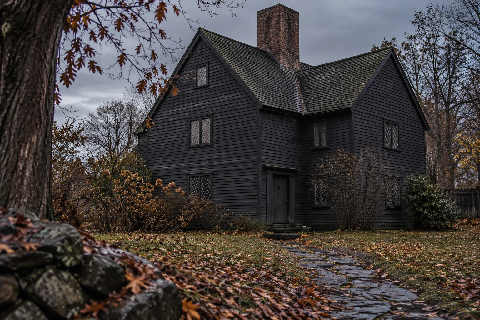 Salem witch trials inspired dark colonial house beneath an overcast autumn sky