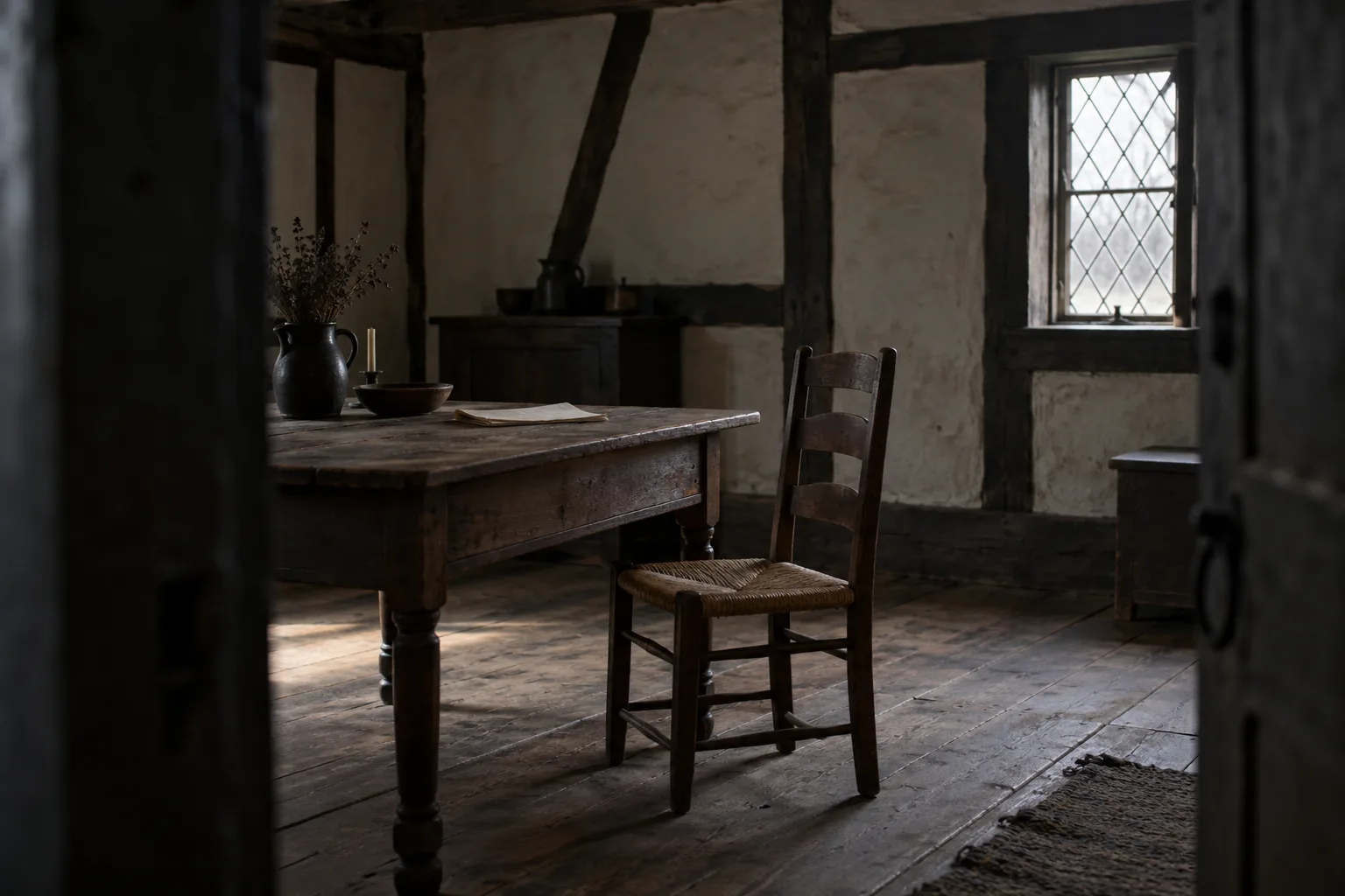 Salem witch trials inspired colonial room with an empty chair and deep shadows