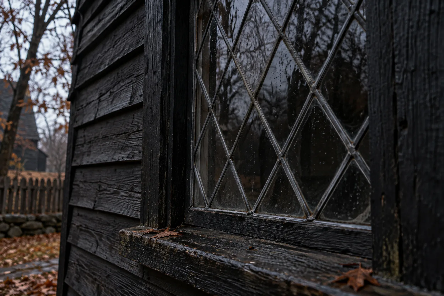 Dark leaded window and weathered timber inspired by Salem witch trials era architecture