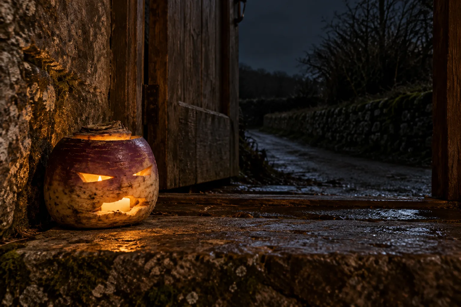 Samhain folklore inspired turnip lantern beside an empty dark lane