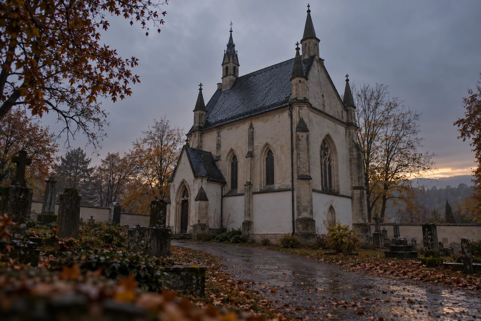 Sedlec Ossuary inspired Gothic cemetery chapel at autumn dusk