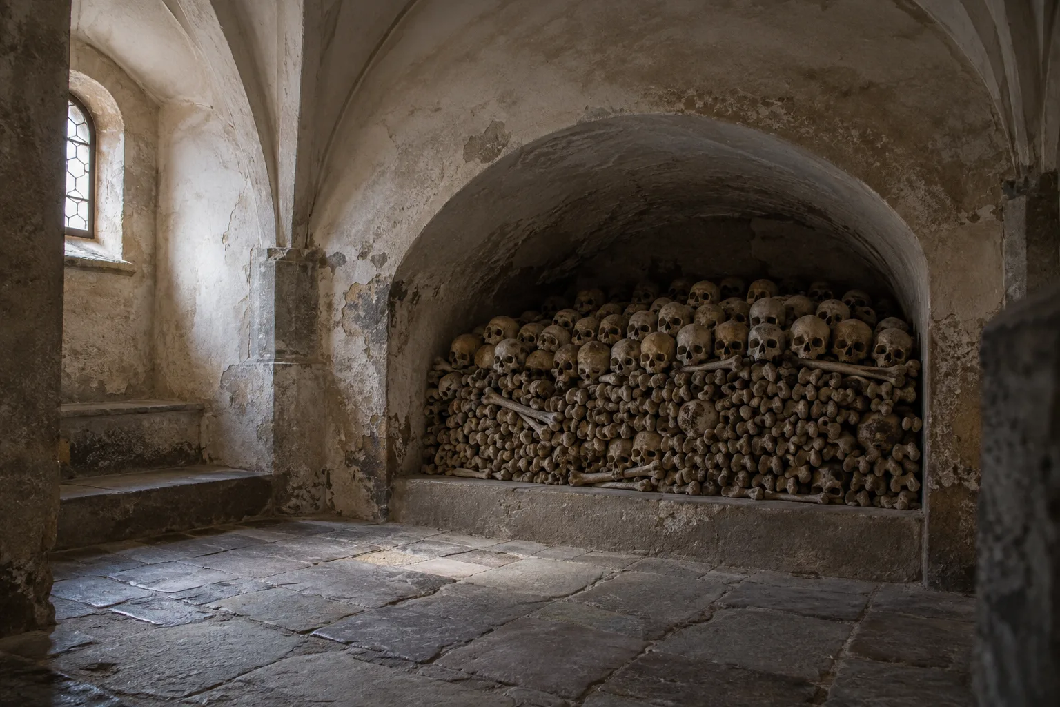 Sedlec Ossuary inspired bone recess in a pale vaulted chapel