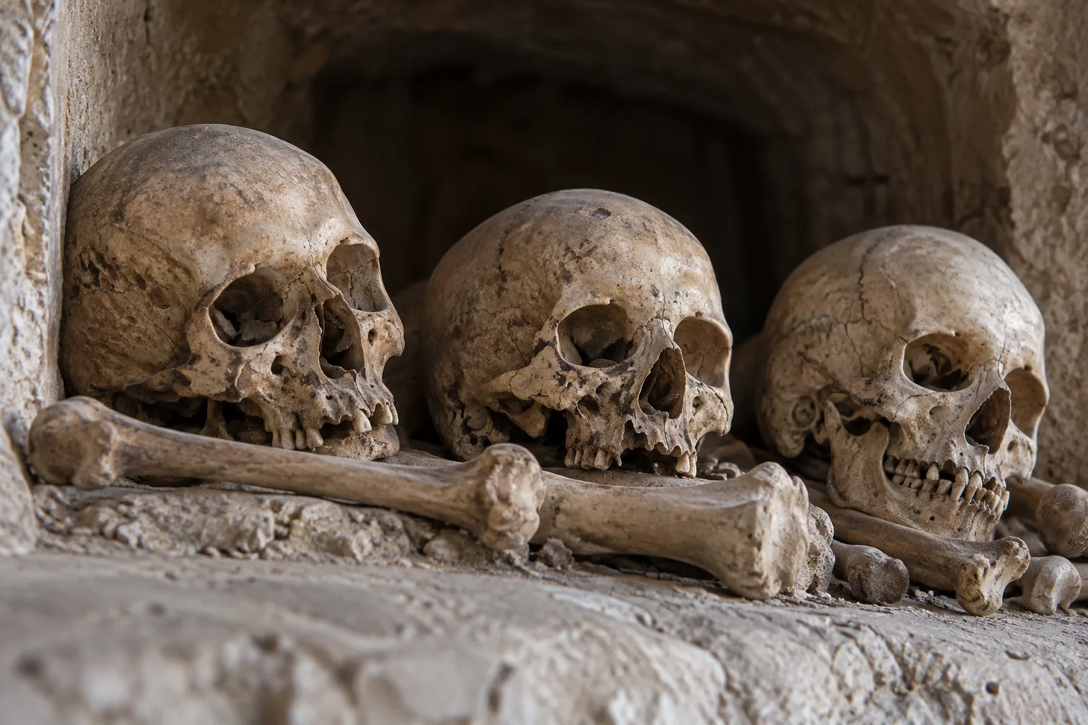 Sedlec Ossuary inspired study of aged skulls and bones in a stone recess