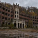 Waverly Hills inspired brick hospital with Gothic entrance and dark windows