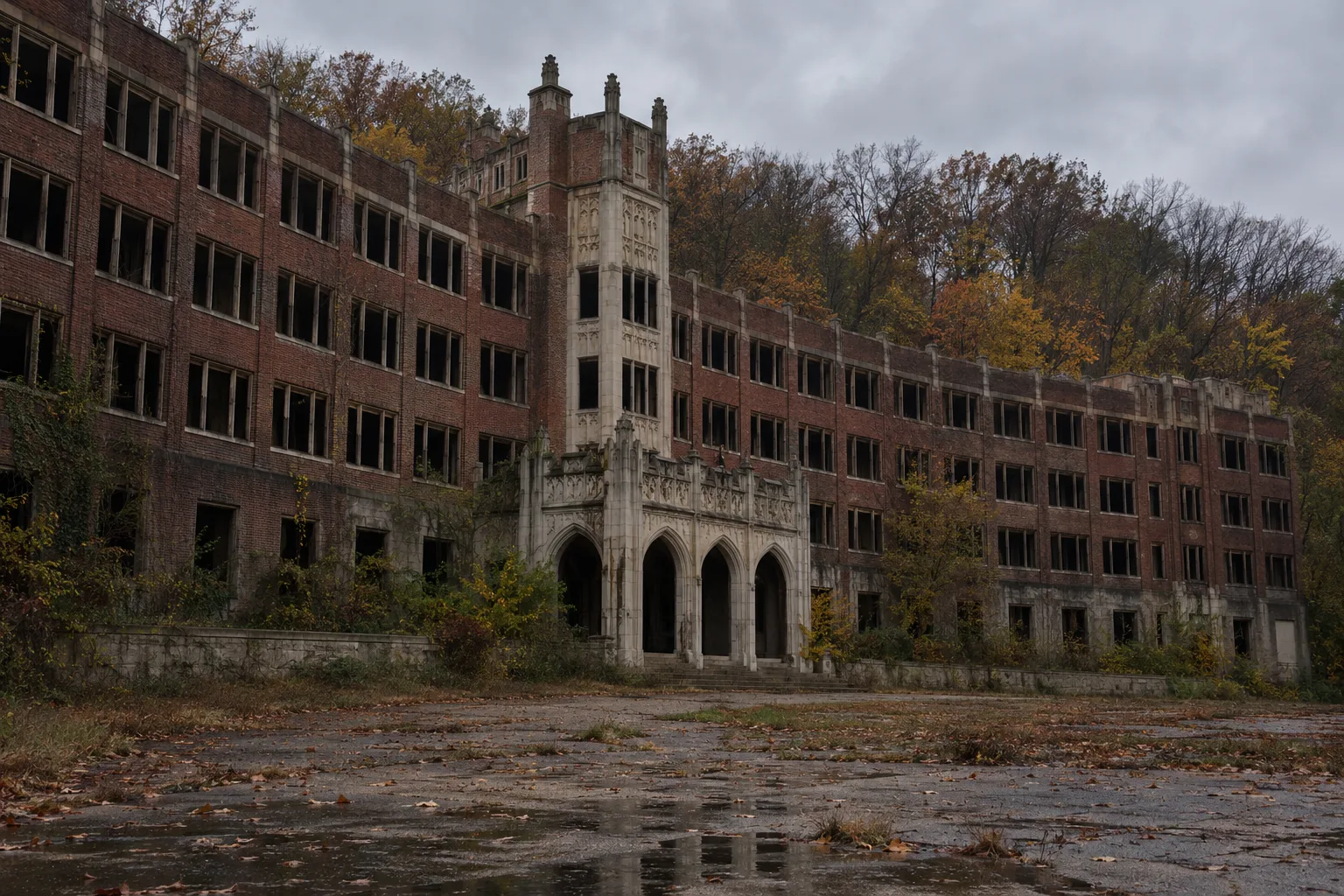 Waverly Hills inspired brick hospital with Gothic entrance and dark windows