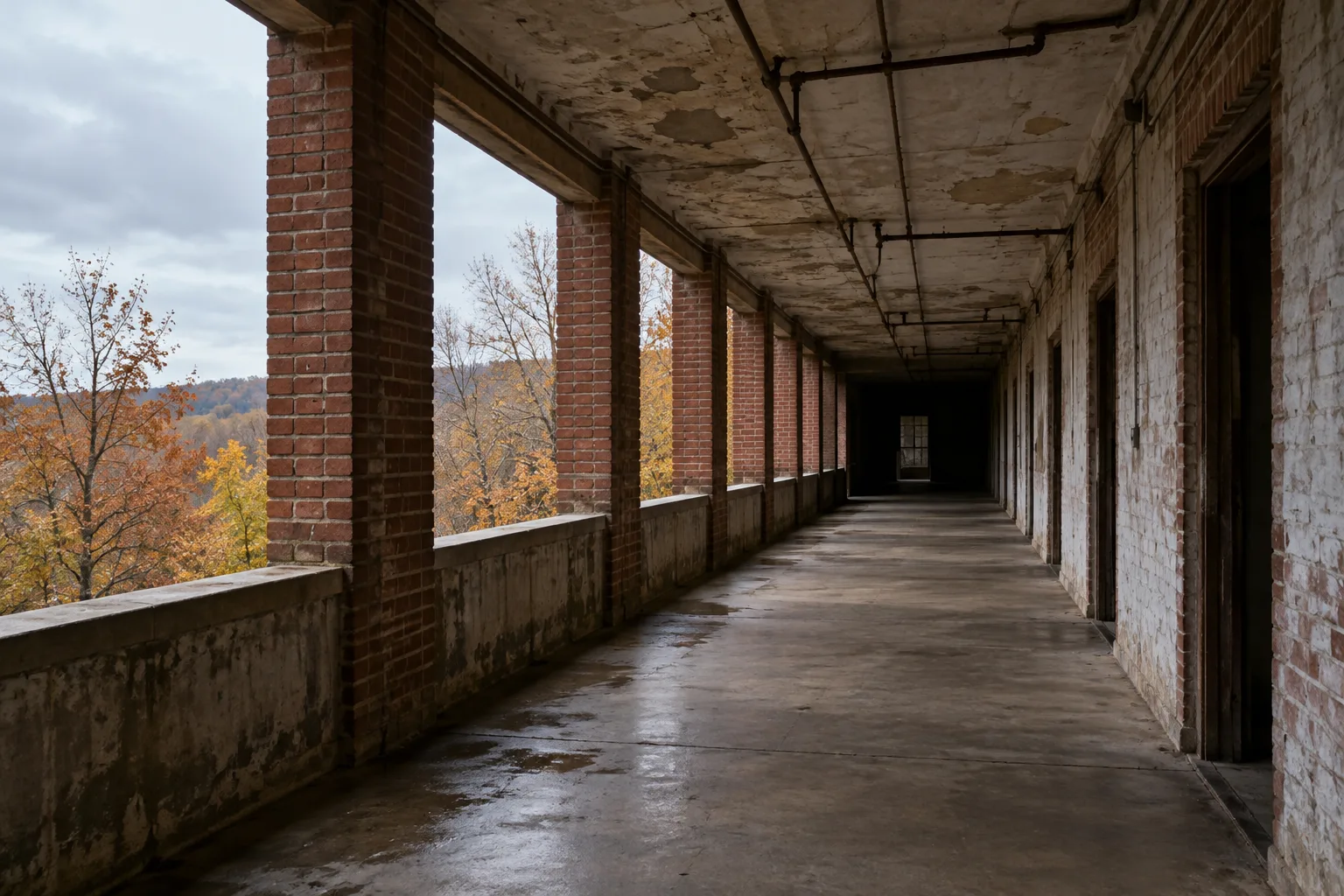 Waverly Hills inspired open-air porch with brick piers and dark doorways